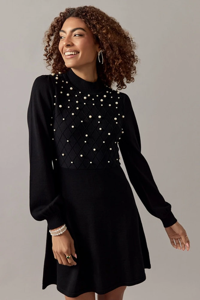 Ruth Pearl Embellished Upper Sweater Mini Dress