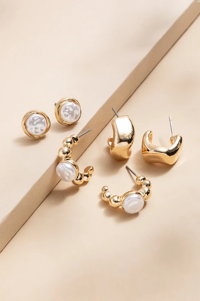 Nadine Mixed Pearl And Gold Hoop Earring Set