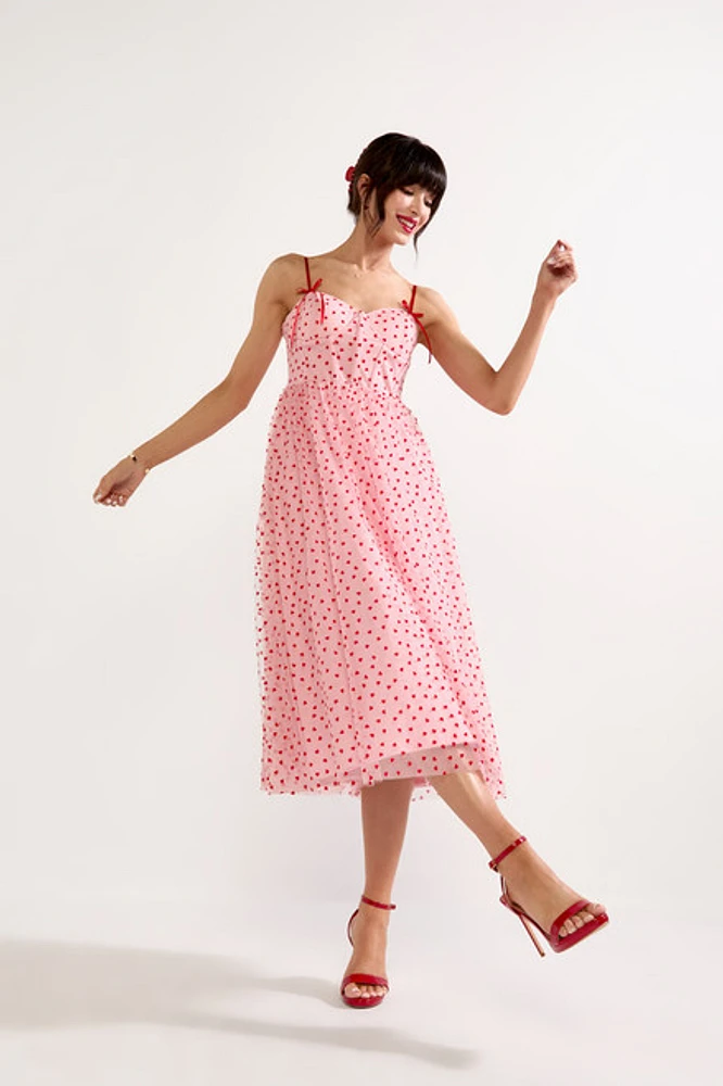 Anne Flocked Heart Tulle Midi Dress