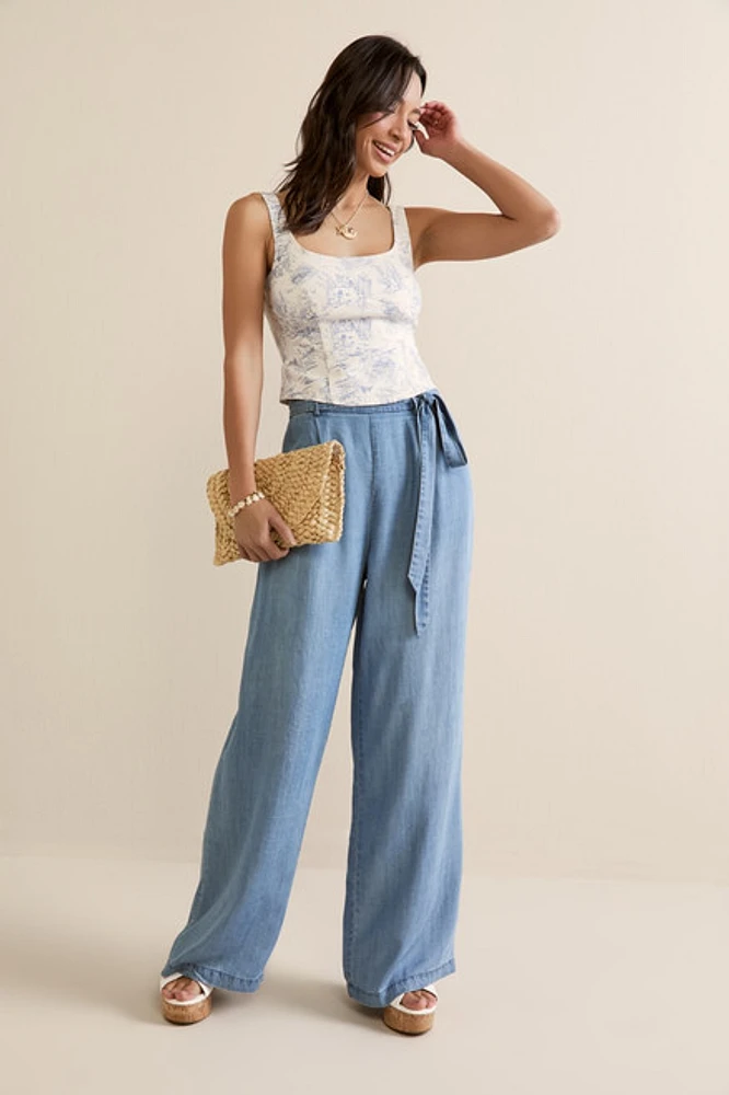 Elaine Chambray Tie Waist Fluid Pants