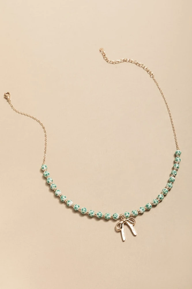 April Ceramic Bead Bow Pendant Necklace