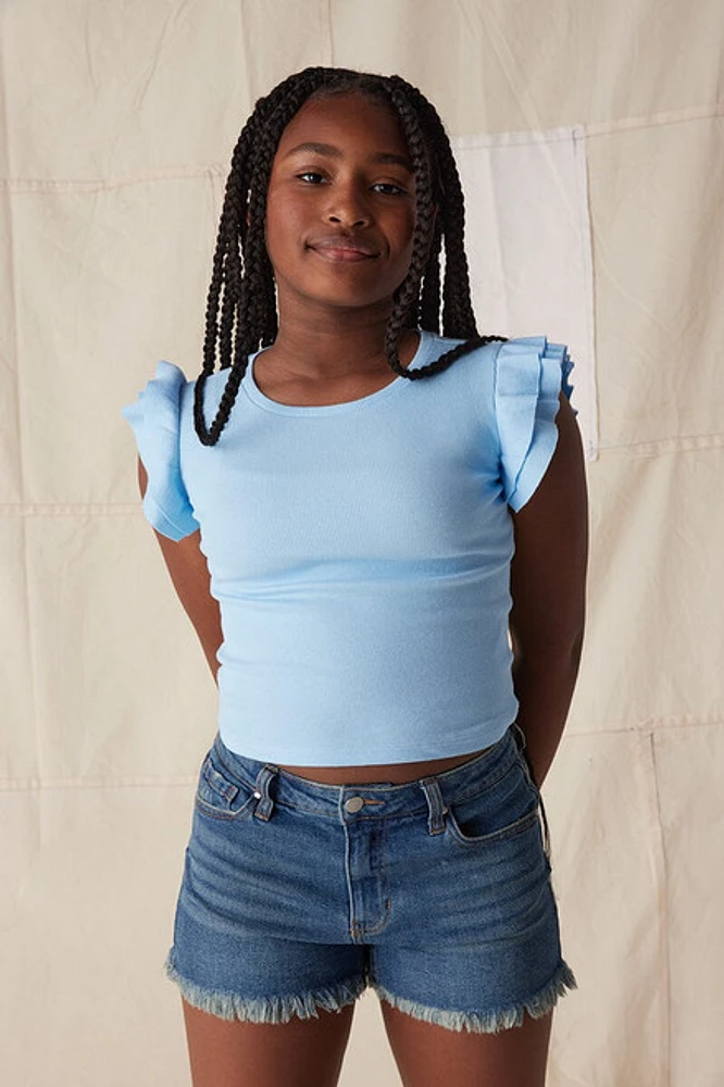 Hello Franki Sleeveless Ribbed Ruffle Tee for girls Light Blue