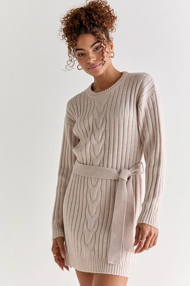 Diane Cable Knit Tie Waist Mini Dress Taupe