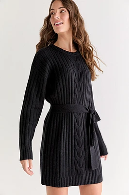 Diane Cable Knit Tie Waist Mini Dress Black