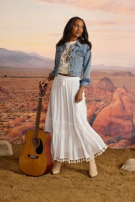 Allie Tassle Hem Tiered Maxi Skirt