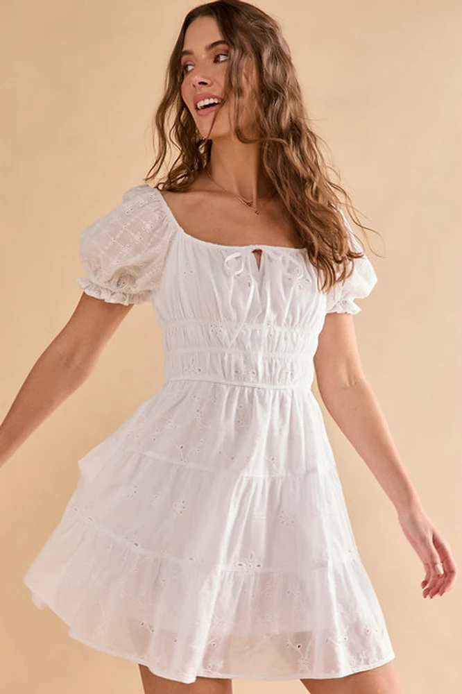 Gloria Eyelet Tiered Front Tie Mini Dress