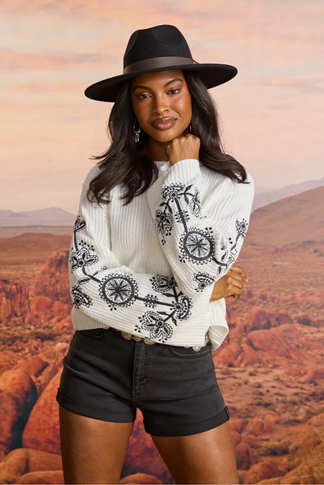 Mara Embroidered Sleeve Pullover Sweater