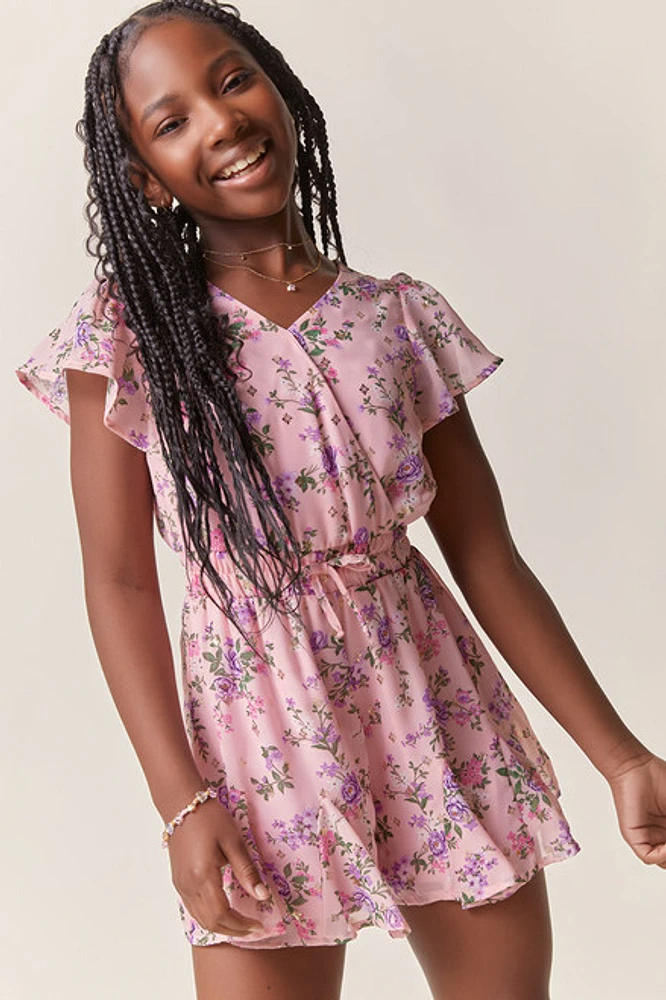 Hello Franki Floral Godet Romper for girls Pink