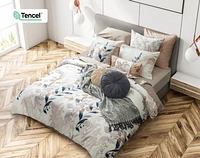 Alder Duvet Cover, TENCEL Lyocell, Botanical, Beige, Queen