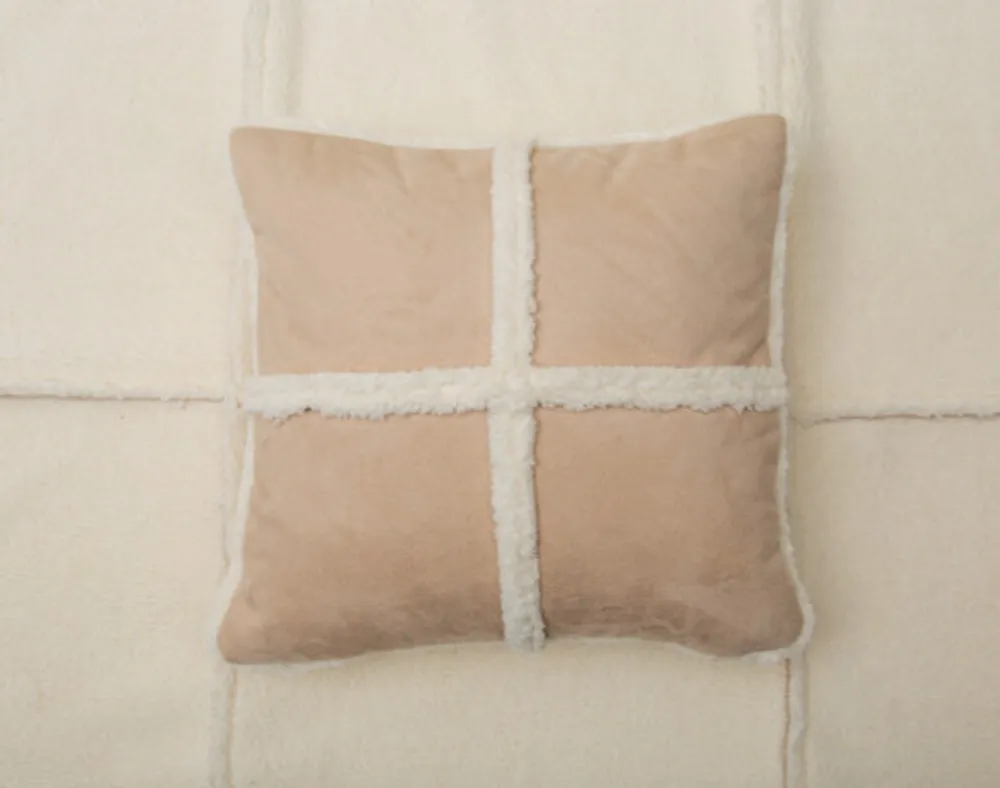 Windowpane Shearling Square Cushion , Beige, 18" x 18"