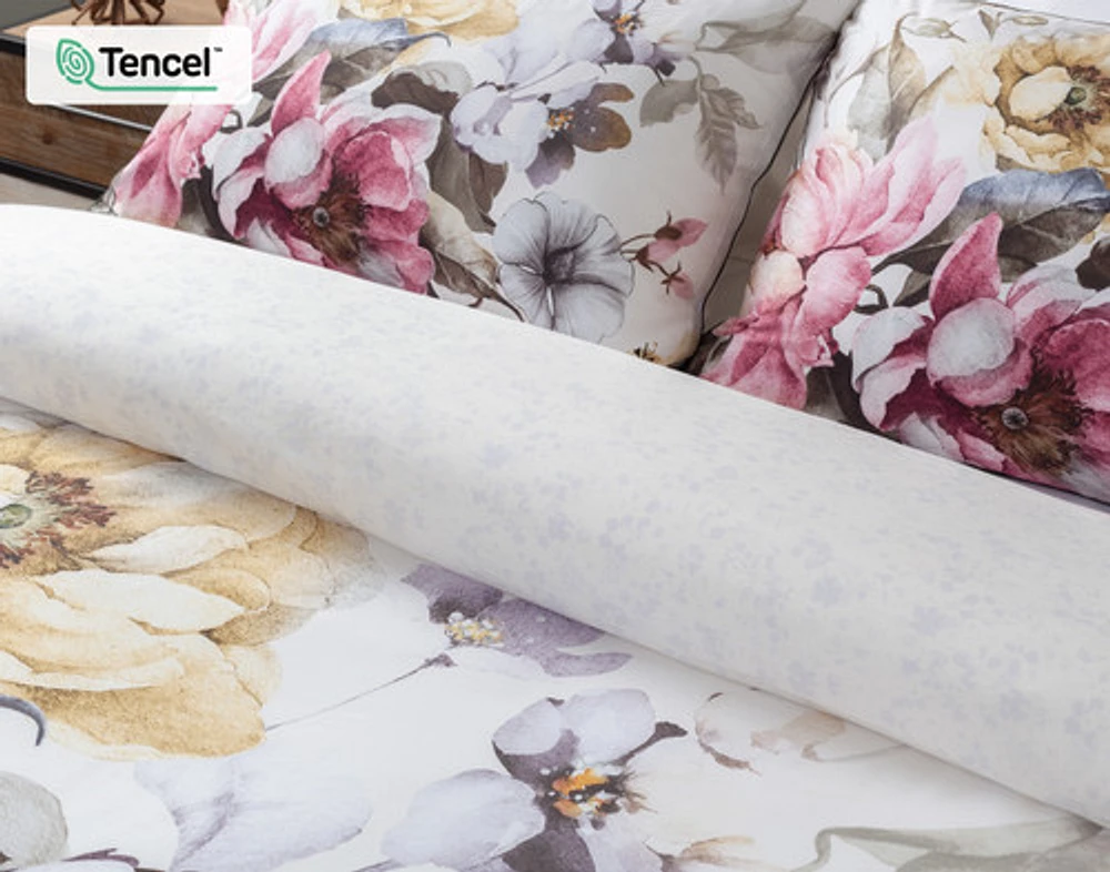 Braganza Duvet Cover, TENCEL Lyocell, Floral, White, Queen