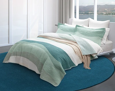 Ocean Waves Cotton Quilt Set, Scenic, Green, Queen