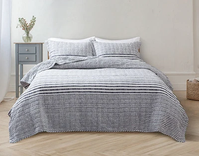 Delray Striped Cotton Quilt Set, Blue, Queen