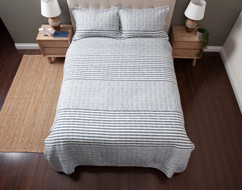 Delray Striped Cotton Quilt Set, Blue, Queen