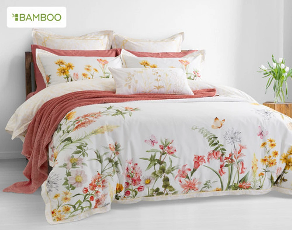 Corsage Floral Duvet Cover, Cotton, Bamboo Floral, White,
