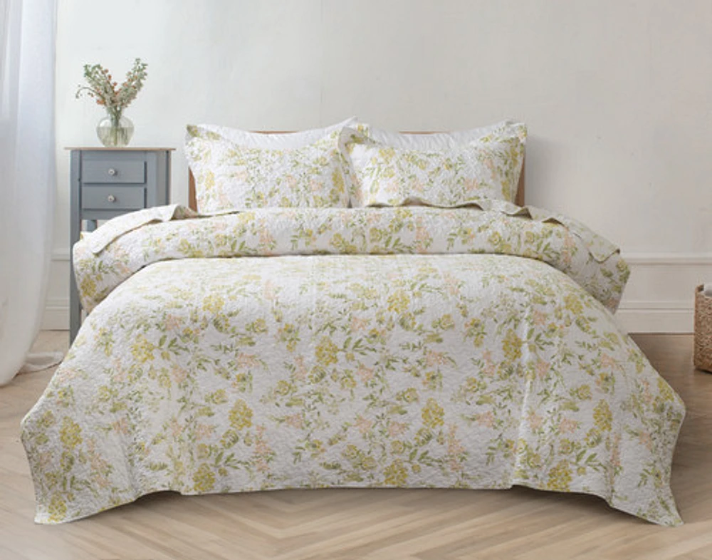 Forsythia Cotton Quilt Set, Floral, Yellow,