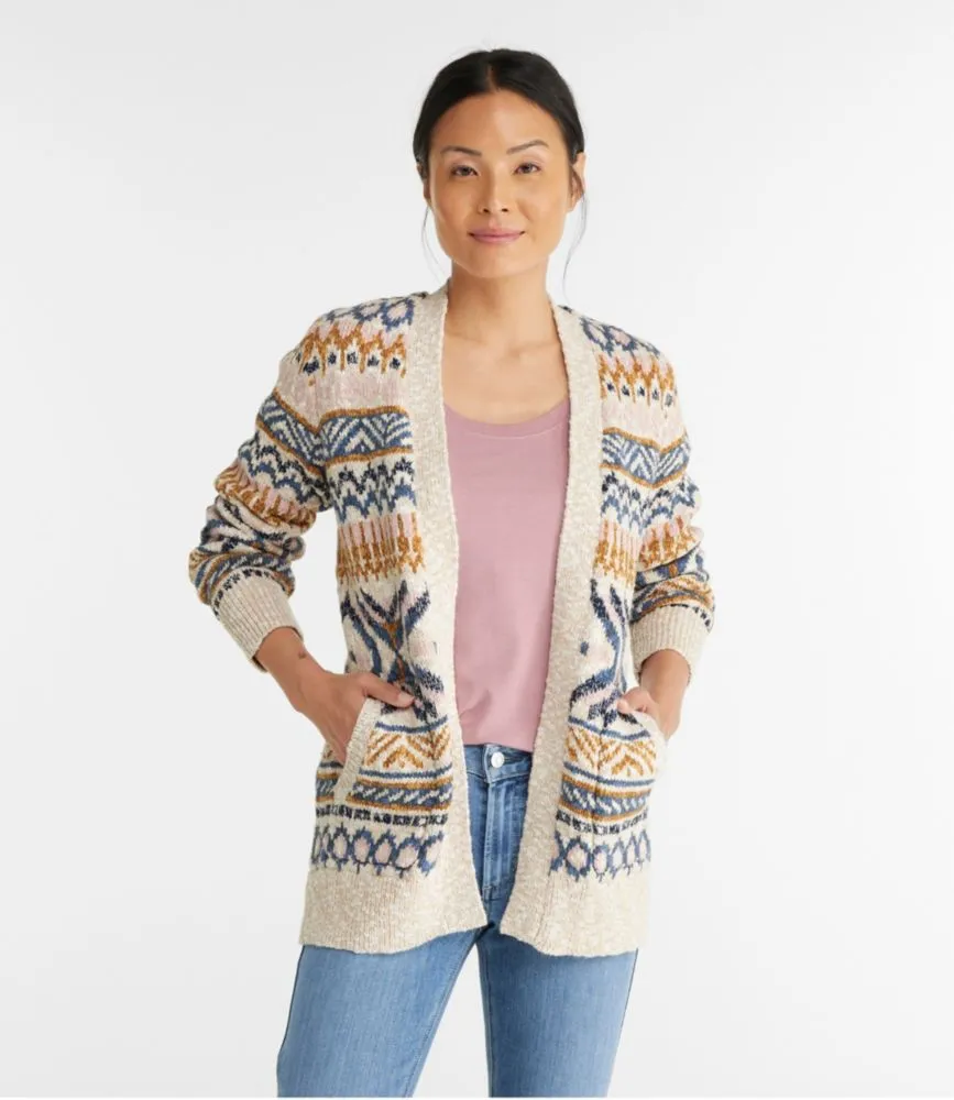 Women's Cotton Ragg Sweater, Open Cardigan Fair Isle