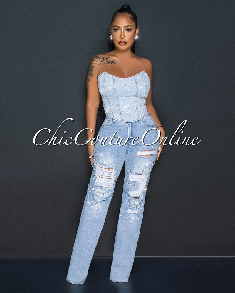 Salina Light Denim Rhinestones Distressed Jeans