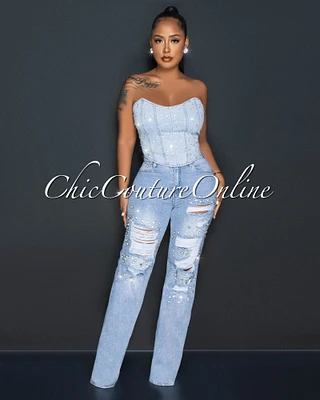 Salina Light Denim Rhinestones Distressed Jeans
