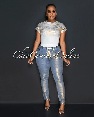 *Cobbs Light Denim Gold Foil Skinny Jeans