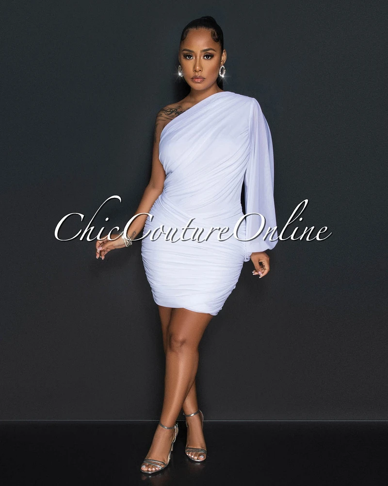 *Carrey White Single Long Mesh Sleeve Draped Dress