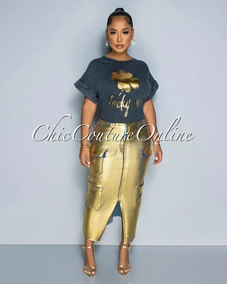 *Kavia Denim Gold Foil Front Slit Maxi Cargo Skirt
