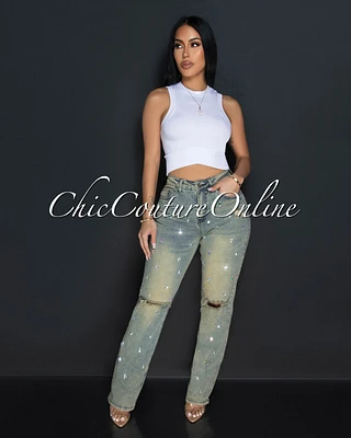Adora Beige Denim Rhinestones Accent Jeans