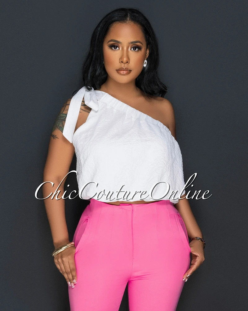 *Taraz Off-White Self-Tie Single Shoulder Crop Top
