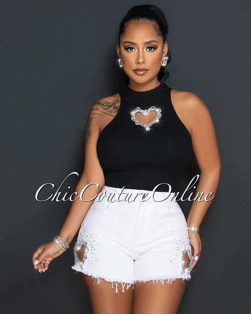 *Maxx White Heart Rhinestones Key-Hole Accent Shorts