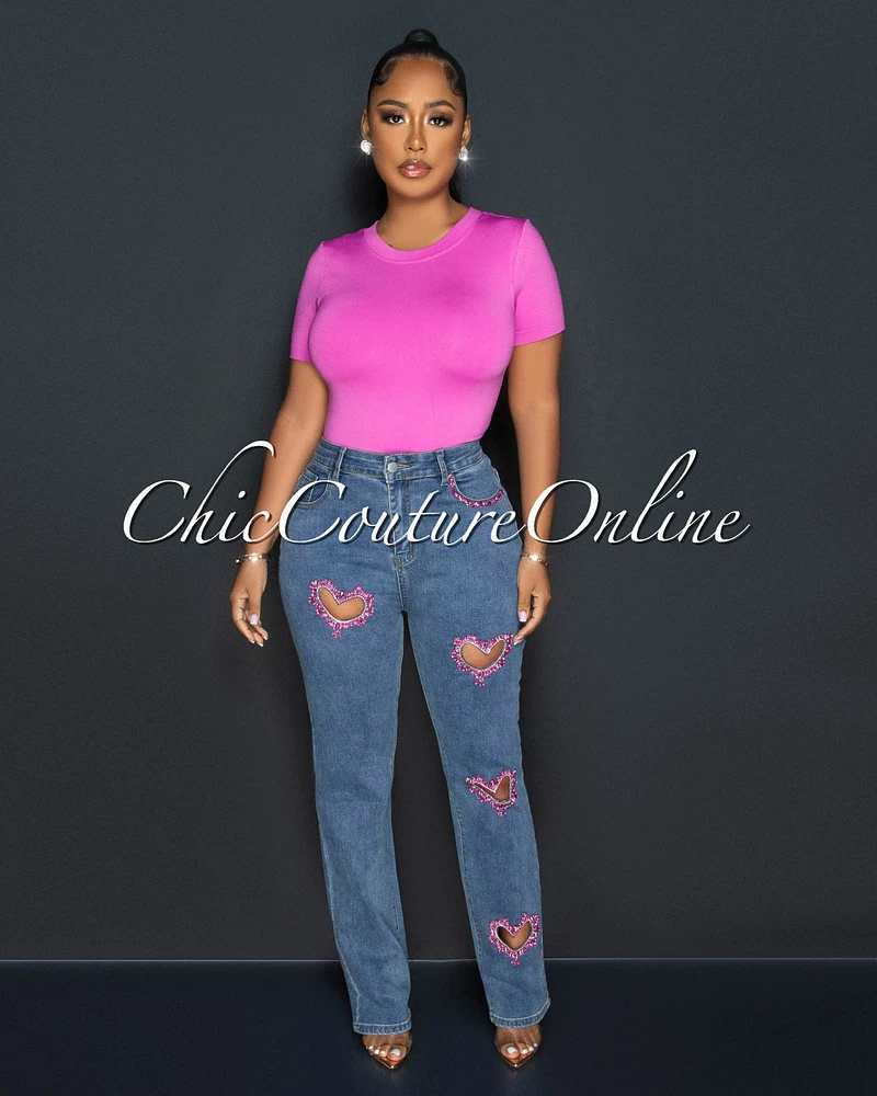 Mandy Medium Denim Pink Rhinestones Heart Key-Hole Jeans
