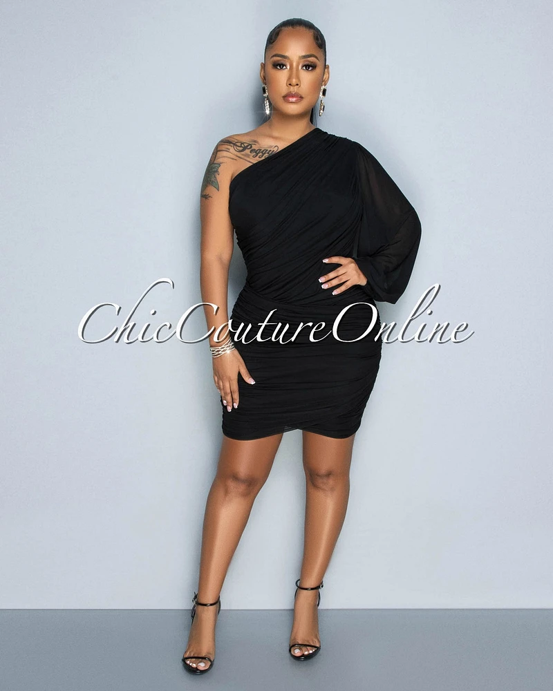 *Carrey Black Single Long Mesh Sleeve Draped Dress