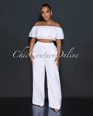 Yuri White Ruffle Crop Top & Wide Pants Set