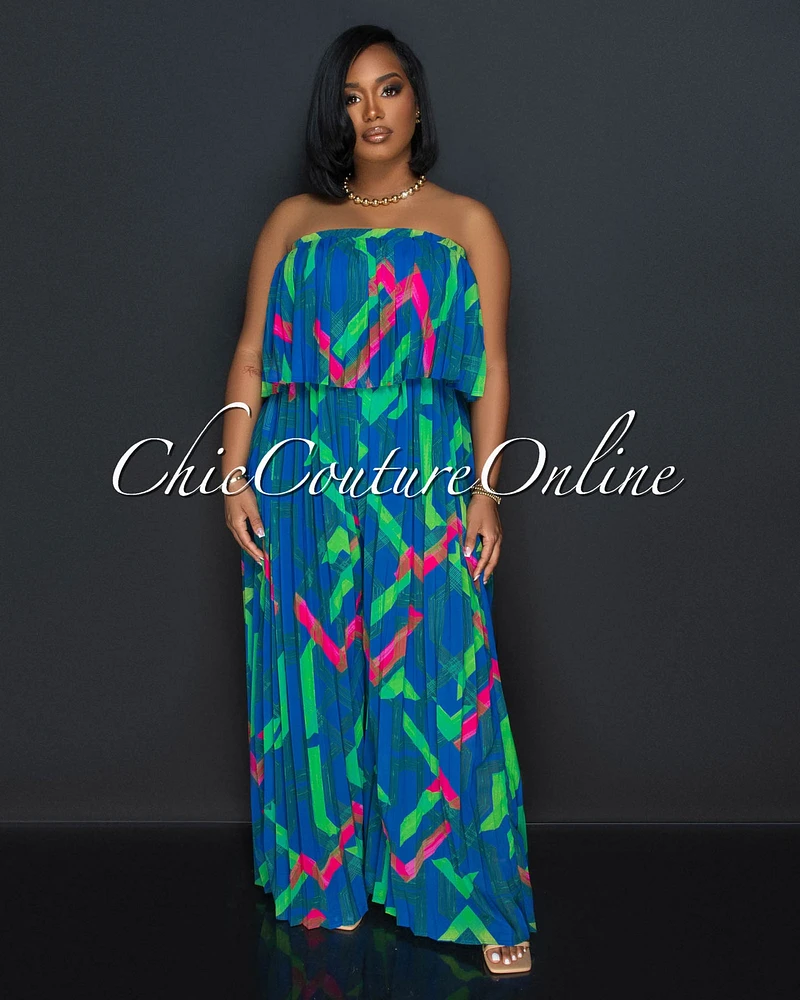 *Magalie Royal Blue Print Strapless Pleated Jumpsuit