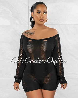 *Carrera Black See-Through Crochet Cover-Up Romper