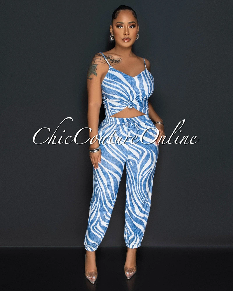 *Lorne Blue White Print Crop Top & Joggers Set