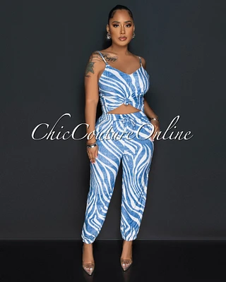 Lorne Blue White Print Crop Top & Joggers Set