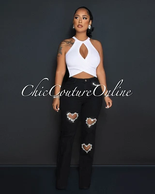 Dashka Black Rhinestones Heart Key-Hole Jeans