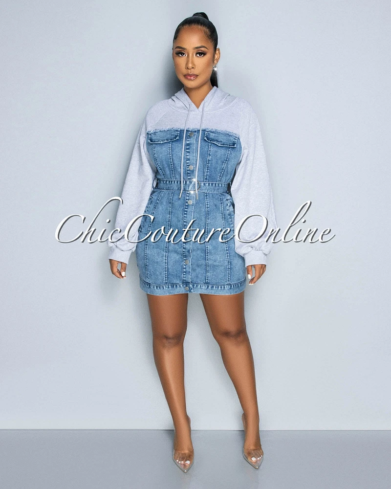 *Rosita Blue Denim Grey Sweater Hoodie Dress