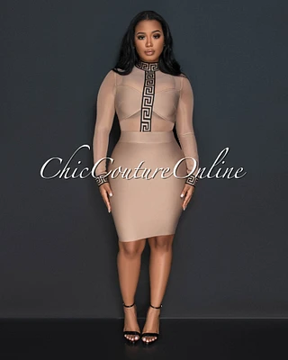 Garry Nude Black Fret Print Bandage Mesh Accent Dress