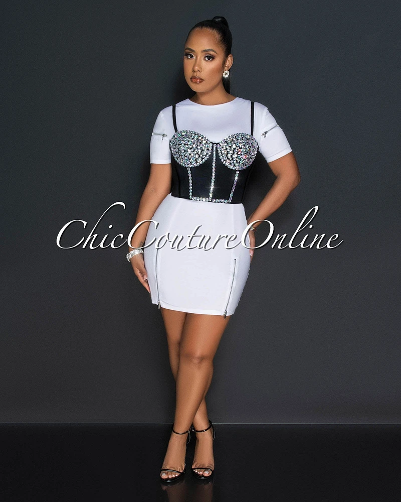 *Klein Off-White Dress & Black Rhinestones Bustier Set