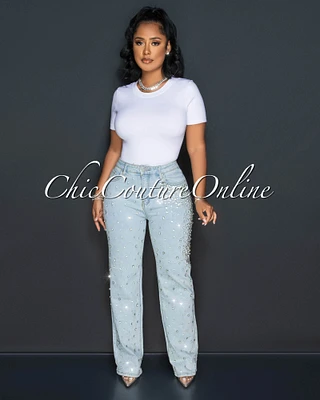 *Viola Light Denim Rhinestones Bodice Wide Jeans