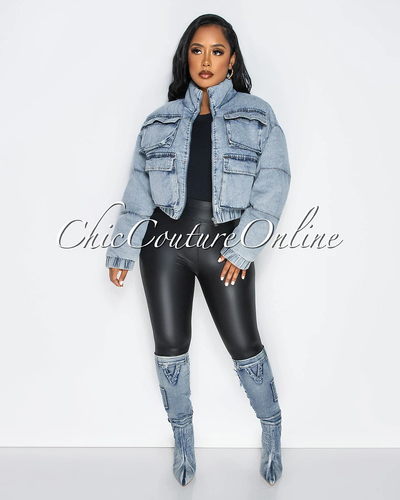 *Priscila Washed Denim Cargo Pockets Bomber Jacket