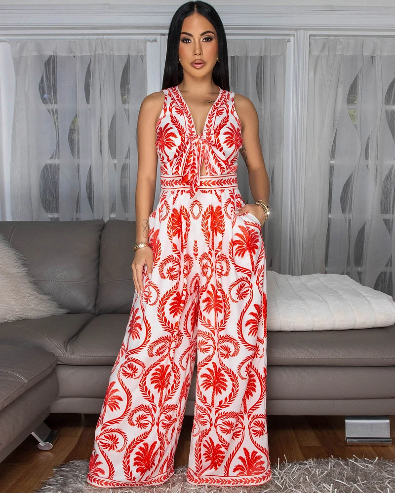 Guilia Red White Print Tie Front Jumpsuit