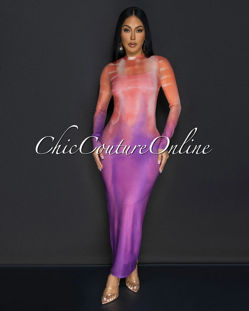 *Cleon Peach Purple Mesh Sheer Maxi Dress