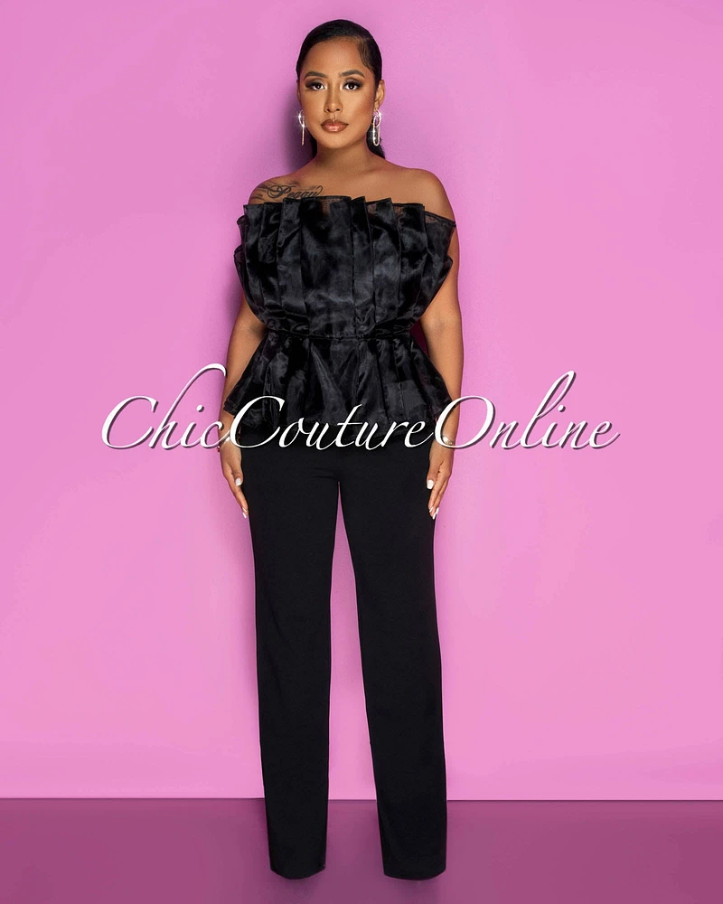 *Mikela Black Tulle Pleated Peplum Top Jumpsuit