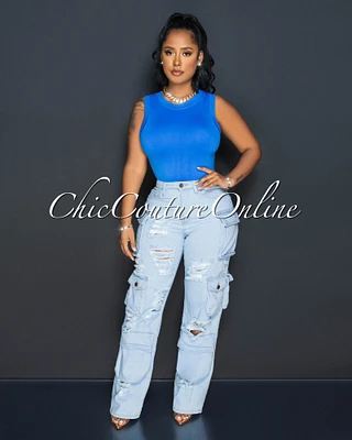 *Melie Light Denim Wide Cargo Jeans