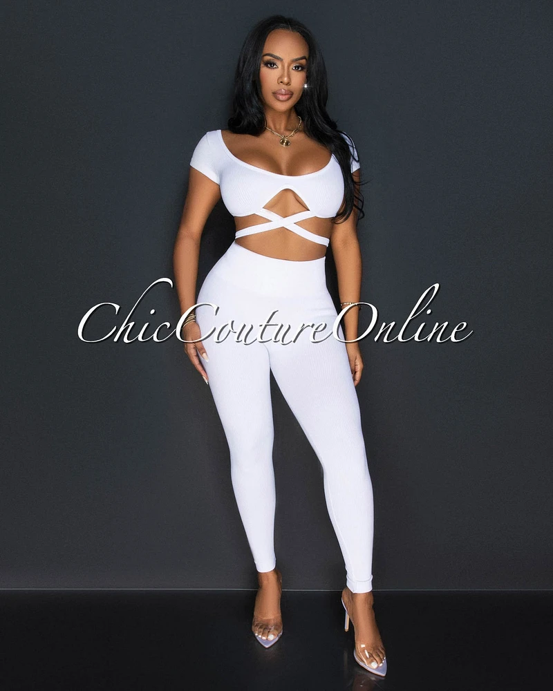 *Milenna White Crop Top & Leggings Ribbed Sculpting Set