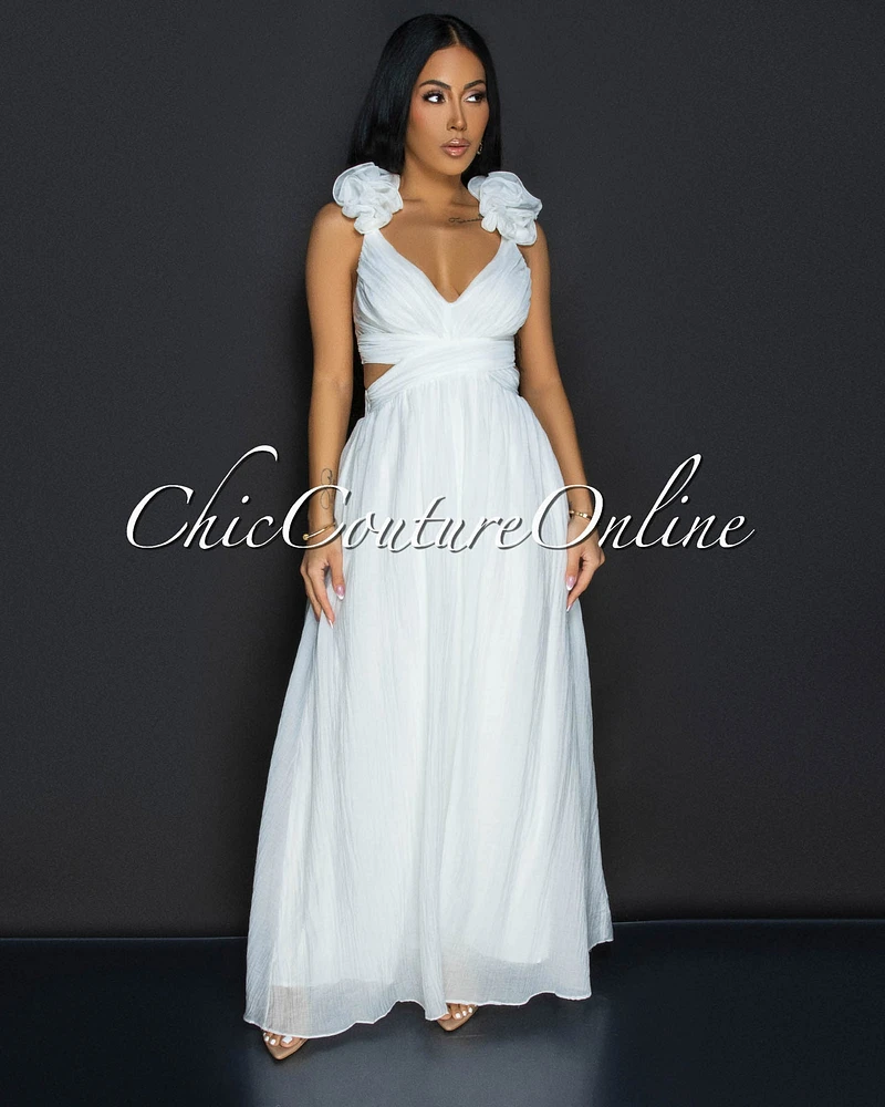 *Cianna White Ruffle Lace-Up Back Maxi Dress