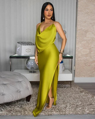 Mademoiselle Moss Green Draped Halter Maxi Dress