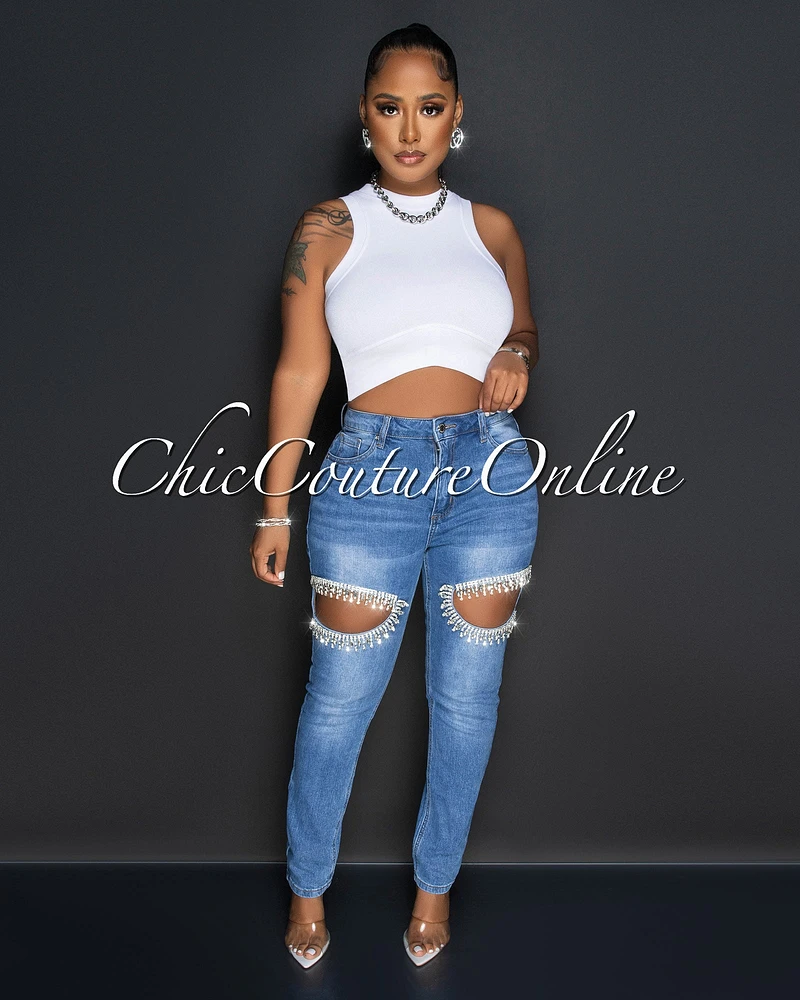 *Rallie Medium Denim Rhinestones Key-Hole Jeans